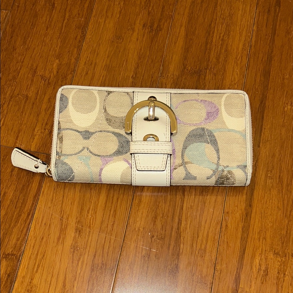 Coach Beige Patterned Wallet with Buckle